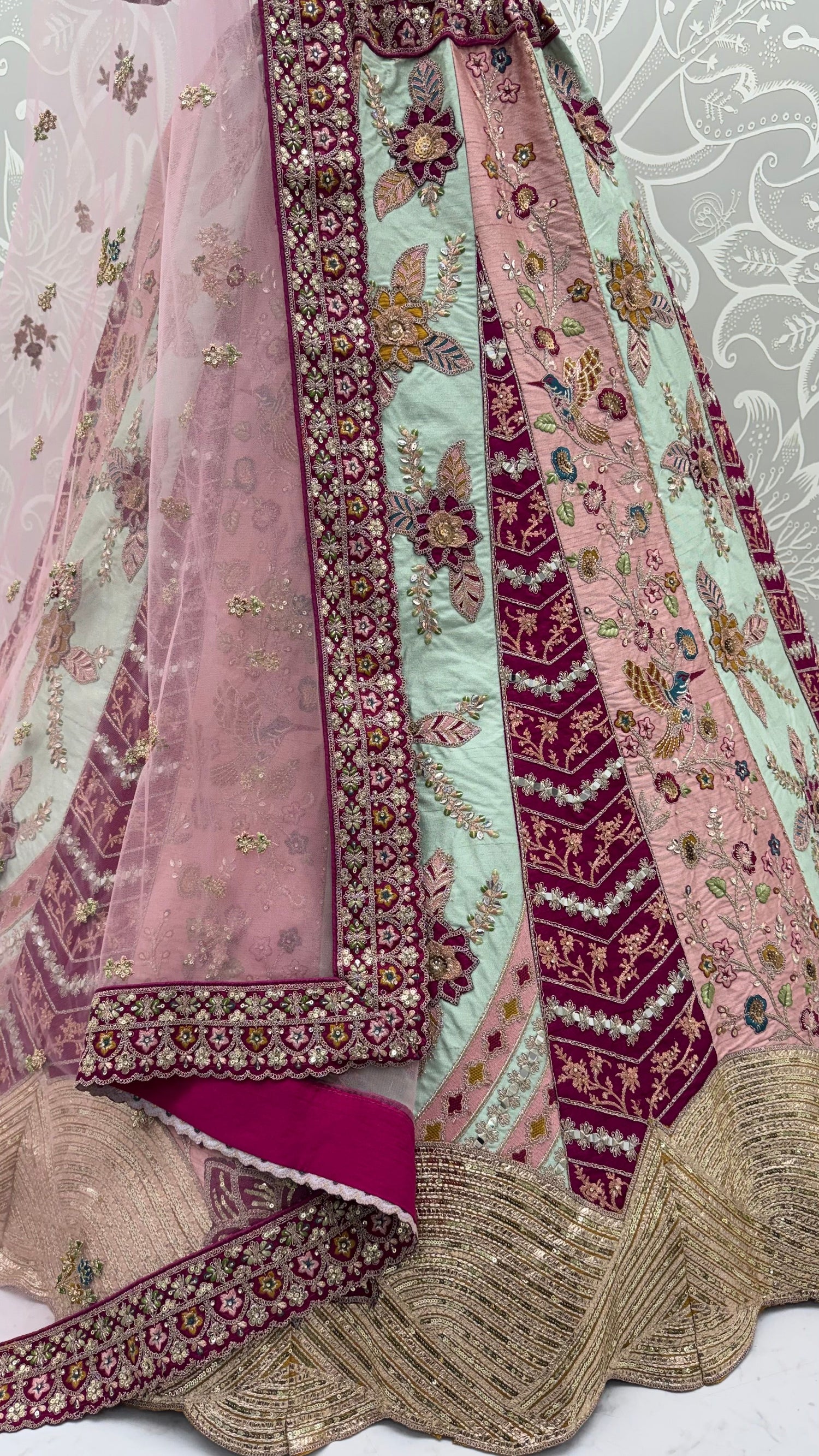 Multi Pure Satin Silk Flower Patch Work Real Hand Mirror &amp; Multi thread Zari Work Bridal Lehenga Choli