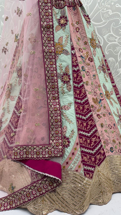 Multi Pure Satin Silk Flower Patch Work Real Hand Mirror &amp; Multi thread Zari Work Bridal Lehenga Choli