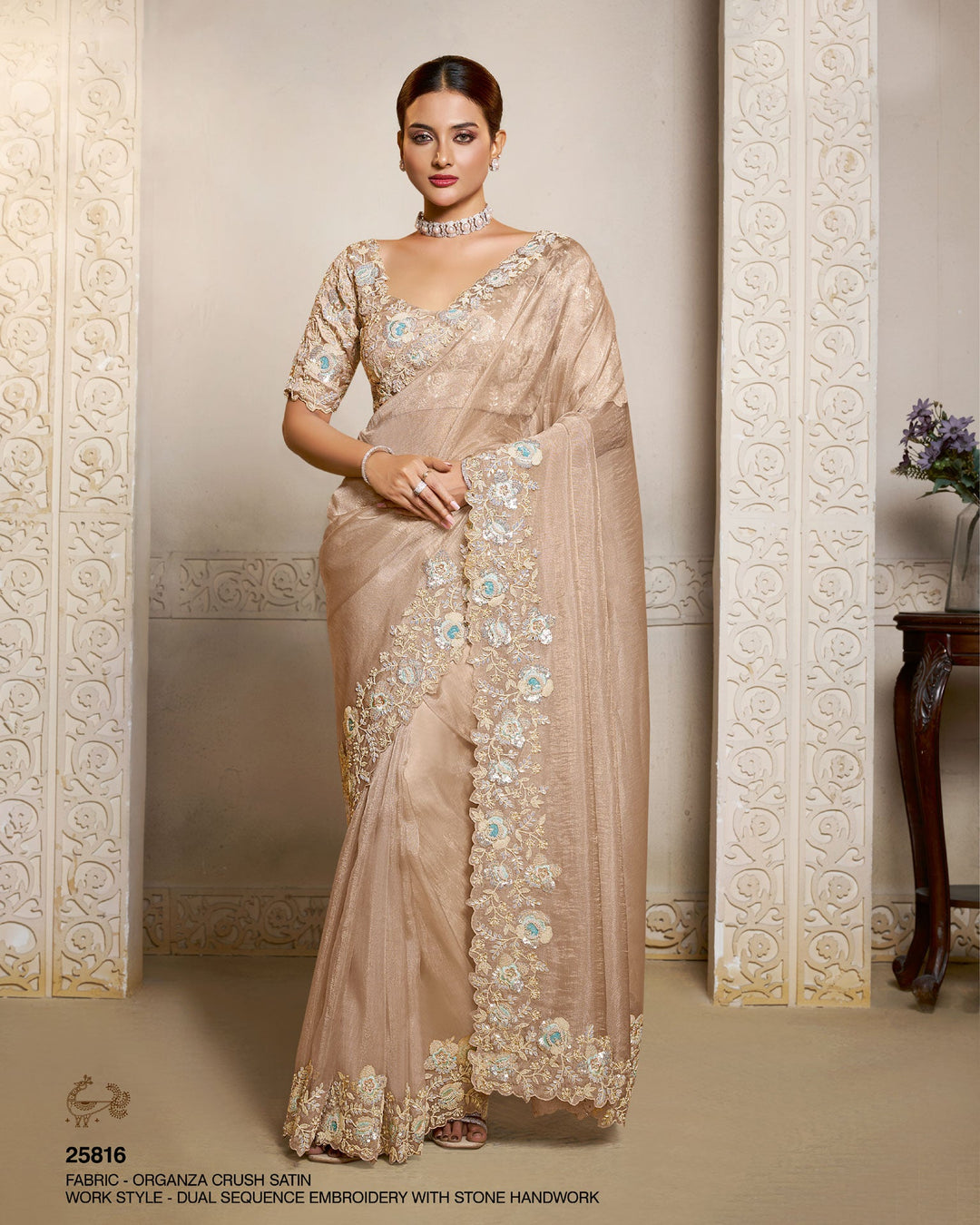Beige Organza Crush Satin Silk Bridal Saree 