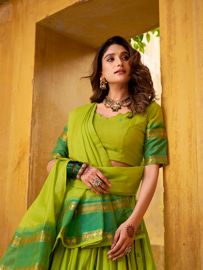 Parrot Color Zari Weaving Work Chanderi Lehenga Choli 