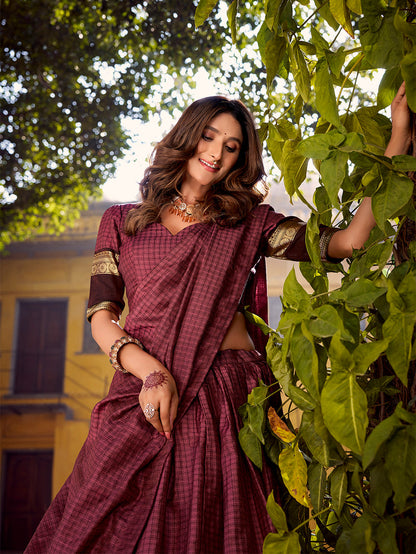 Mulberry Color Chex With Zari weaving Work Chettinad Cotton Lehenga Choli 