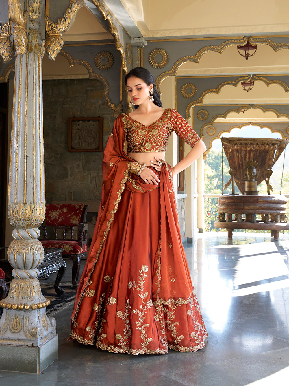 Rust Pure Rangoli Silk Sequins &amp; Thread Embroidery Work Lehenga Choli
