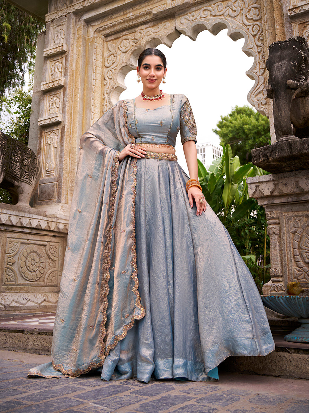 Sky Pure Fendi Silk Sequins &amp; Thread Embroidery Work Lehenga Choli
