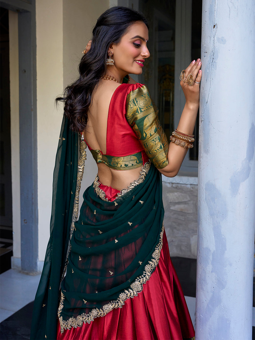 Red Pure Narayan Pattu with Zari Weaving &amp; Embroidery Paithani Lehenga Choli