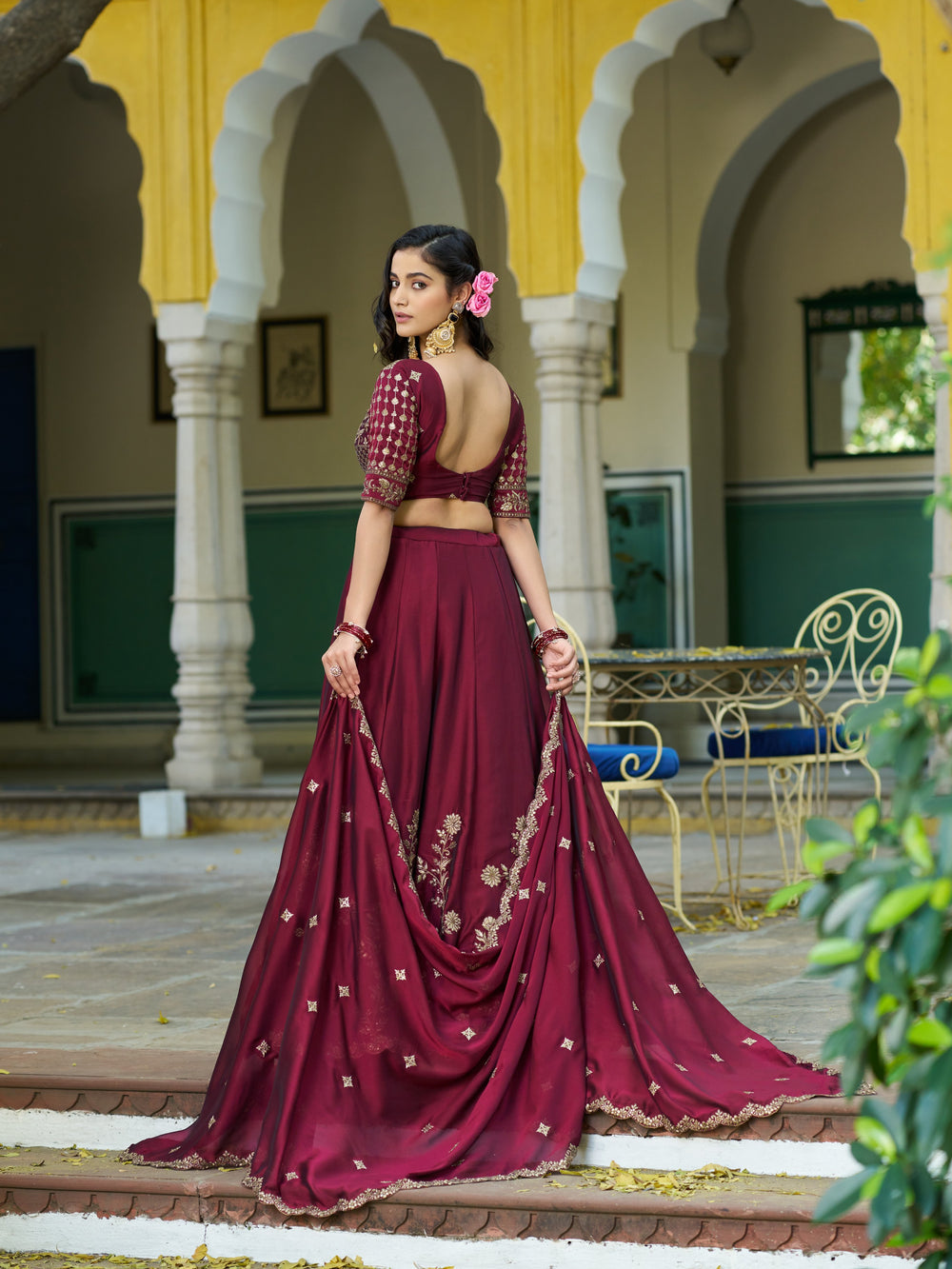 Maroon Pure Rangoli Silk Sequins &amp; Thread Embroidery Work Lehenga Choli