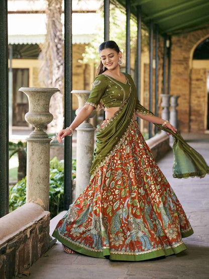 Rust Pure Soft Tussar Silk Kalamkari Print Lehenga Choli
