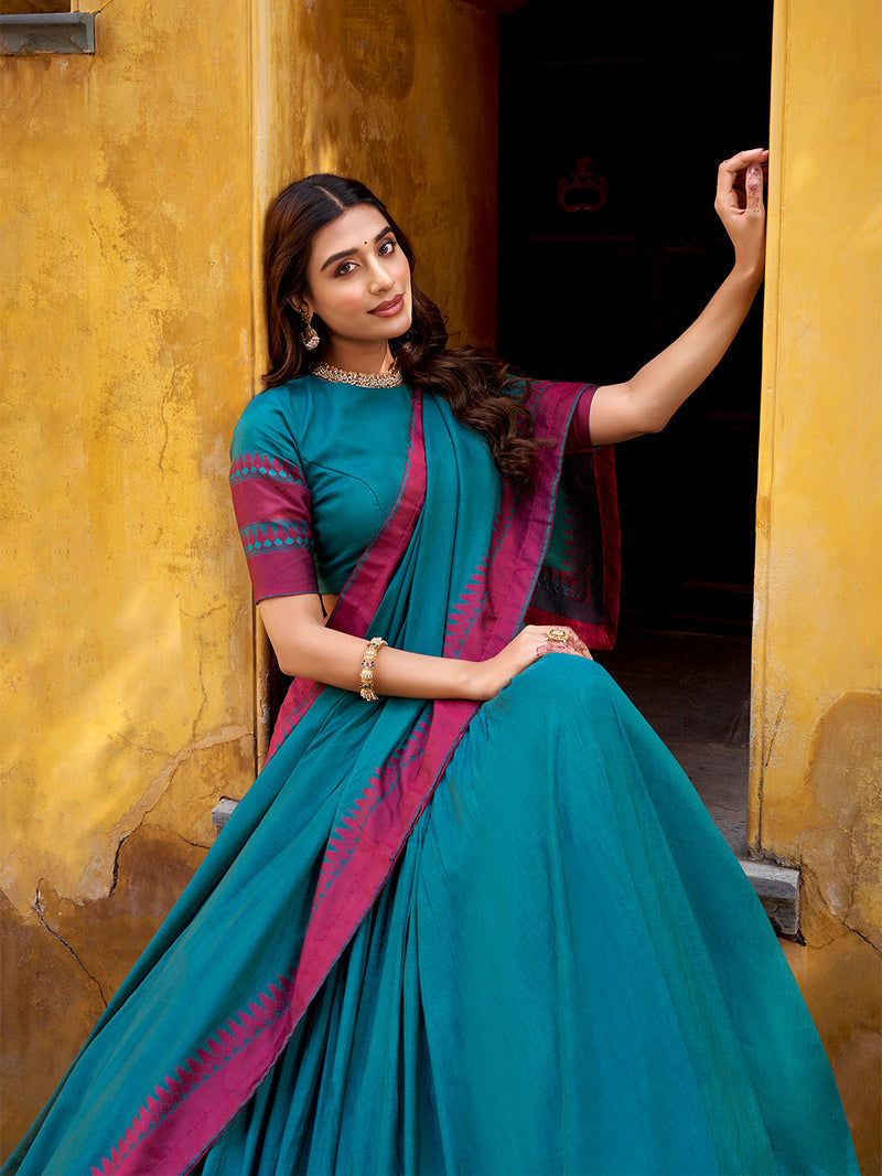 Teal Color Thread Work With Chanderi Lehenga Choli 