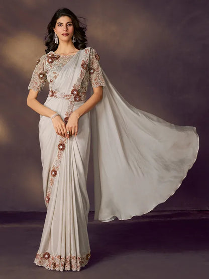 Off White Pure Soft Crush Satin Silk Ready to Wear Saree 