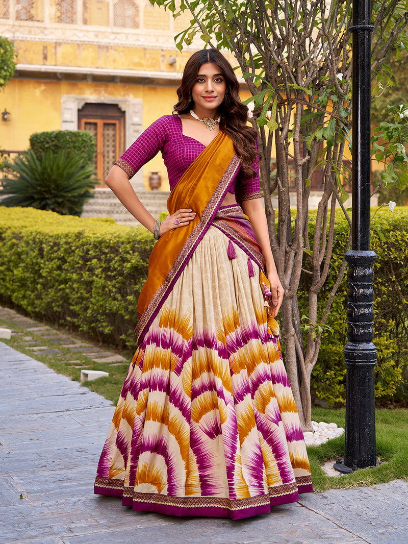 Wine Color Tie And Dye Printed Tasar Silk Lehenga Choli 