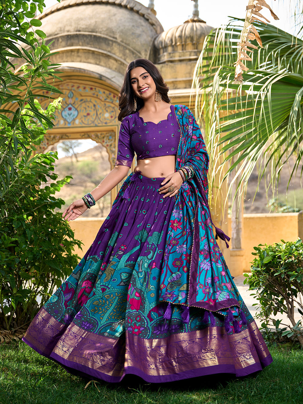 Purple Pure Tasar Silk Kalamkari Print With Foil Work Lehenga Choli