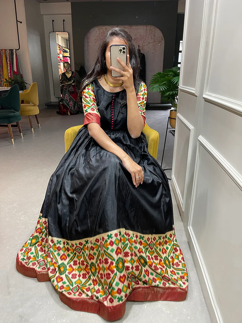 Black Printed Dola Silk Gown With Dupatta
