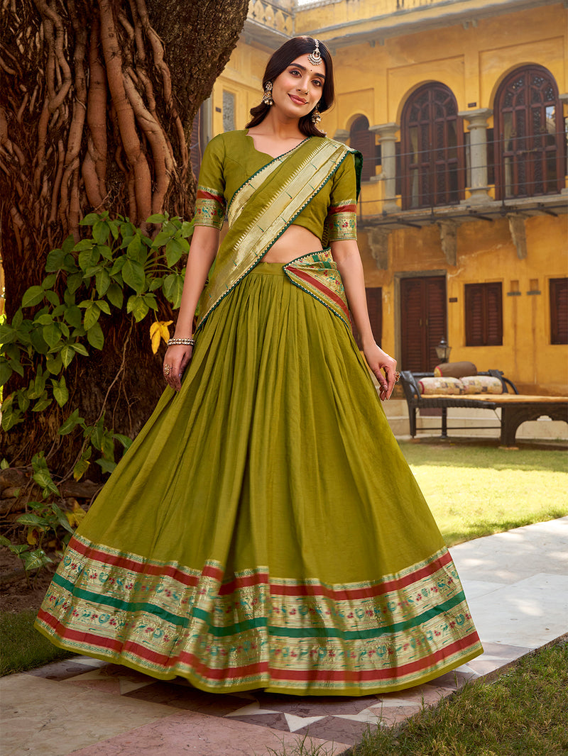 Mehendi color Chanderi Ghaghra Choli ##color## Sequins Lehenga with premium fabric and embroidery