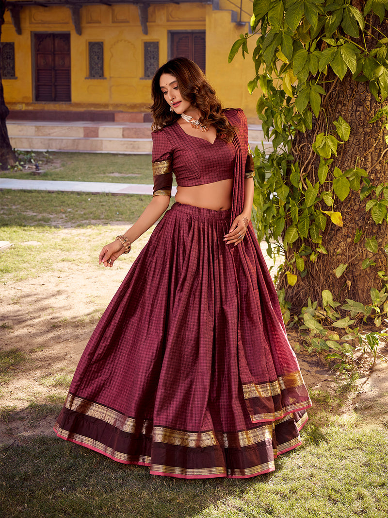 Mulberry Color Chex With Zari weaving Work Chettinad Cotton Lehenga Choli 