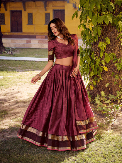 Mulberry Color Chex With Zari weaving Work Chettinad Cotton Lehenga Choli 