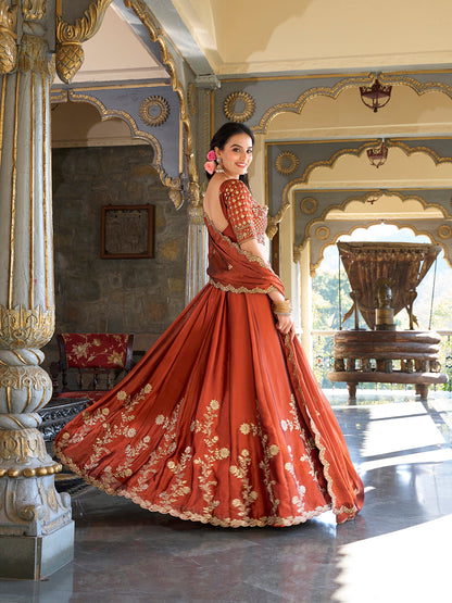 Rust Pure Rangoli Silk Sequins &amp; Thread Embroidery Work Lehenga Choli
