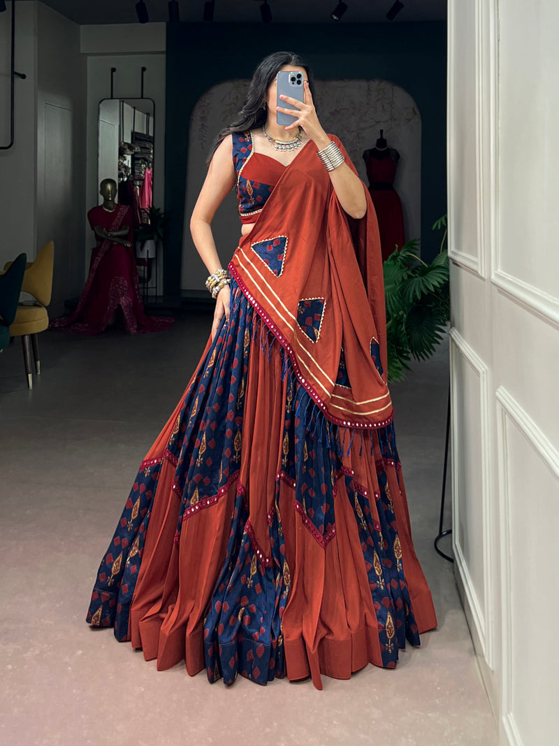 Brown Pure Tasar Silk With Mirror Work Chaniya Choli