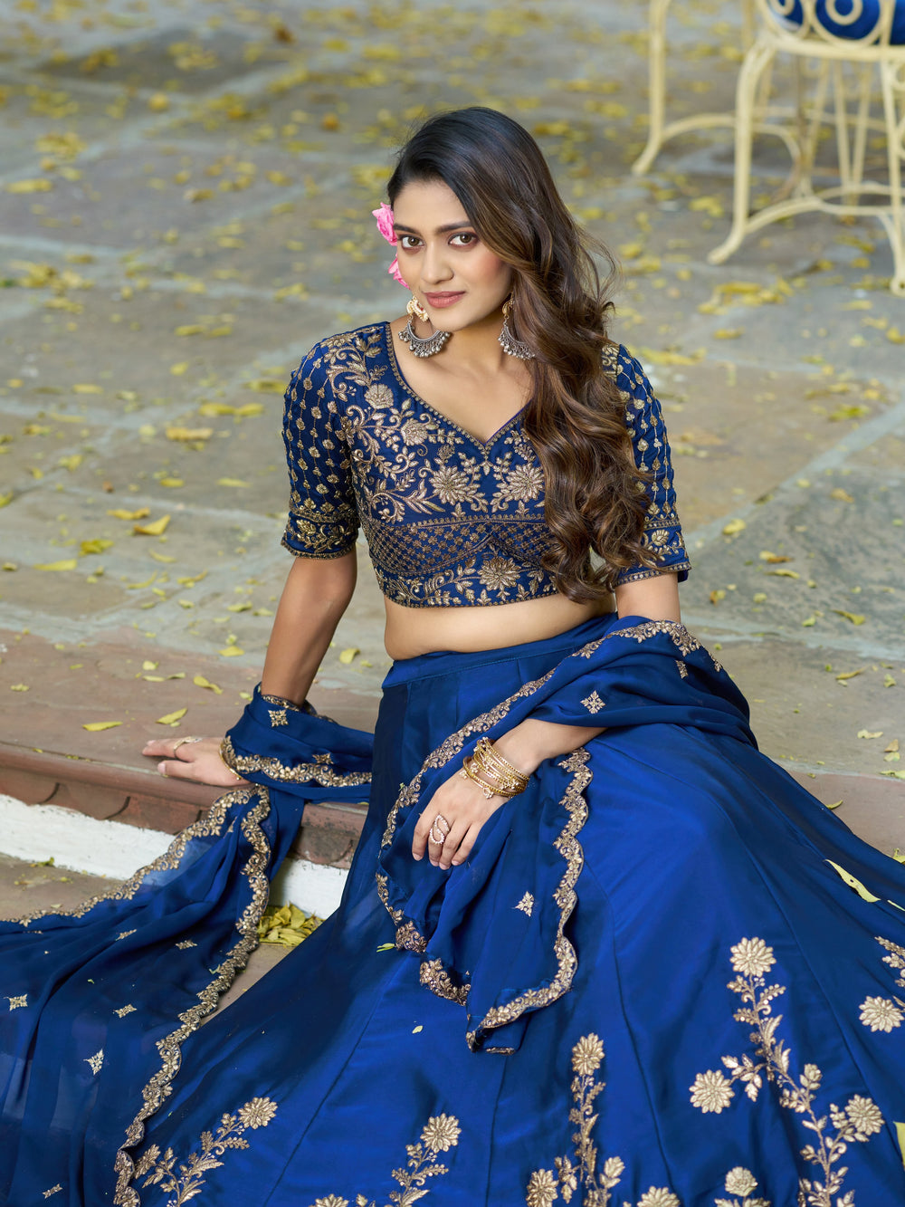 Navy Blue Pure Rangoli Silk Sequins &amp; Thread Embroidery Work Lehenga Choli