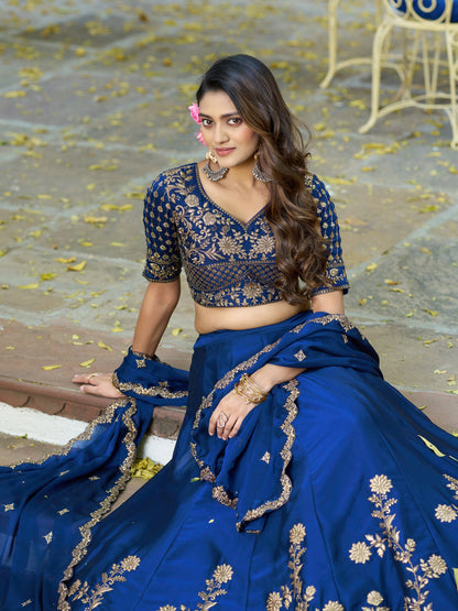 Navy Blue Pure Rangoli Silk Sequins &amp; Thread Embroidery Work Lehenga Choli