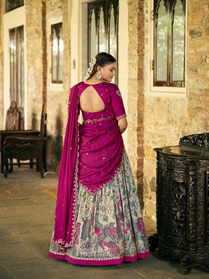 Cream Pure Soft Tussar Silk Kalamkari Print Lehenga Choli