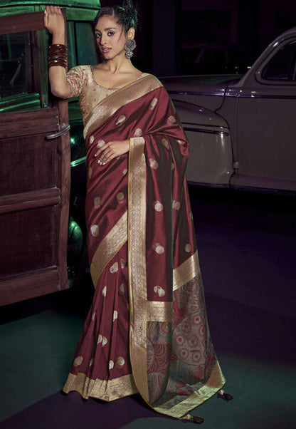 Maroon Pure Silk with 3D weaved Pallu &amp; Heavy Embroidery Banarasi Saree