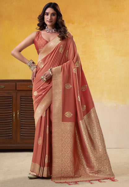 Orange Pure Soft Dhatu Silk Handloom Tussar Silk Saree 