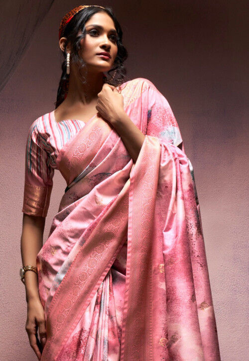 Pink Pure Banarasi Handloom Digital Printed Silk Saree 