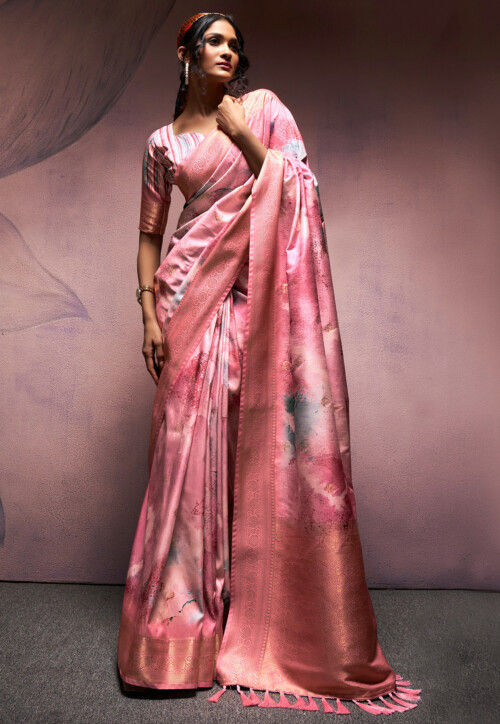 Pink Pure Banarasi Handloom Digital Printed Silk Saree 