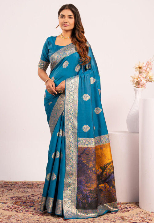 Blue Pure Soft Banarasi Silk Zari Woven Saree 