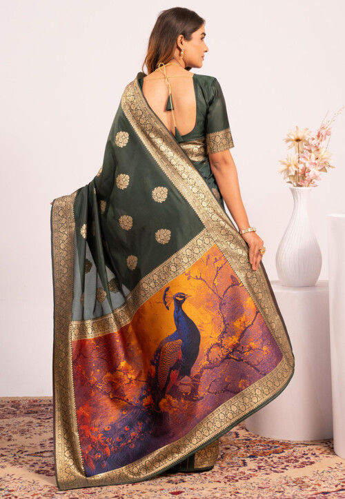 Dark Green Pure Soft Banarasi Silk Zari Woven Saree 