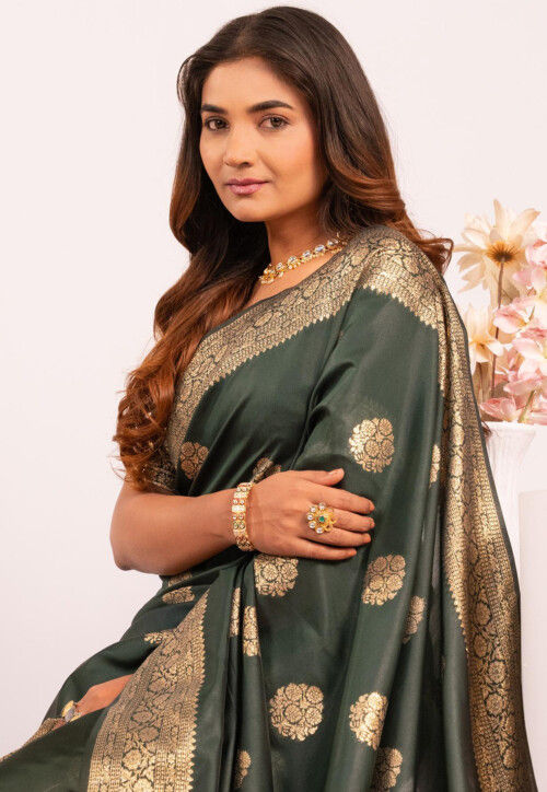 Dark Green Pure Soft Banarasi Silk Zari Woven Saree 