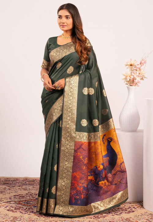 Dark Green Pure Soft Banarasi Silk Zari Woven Saree 