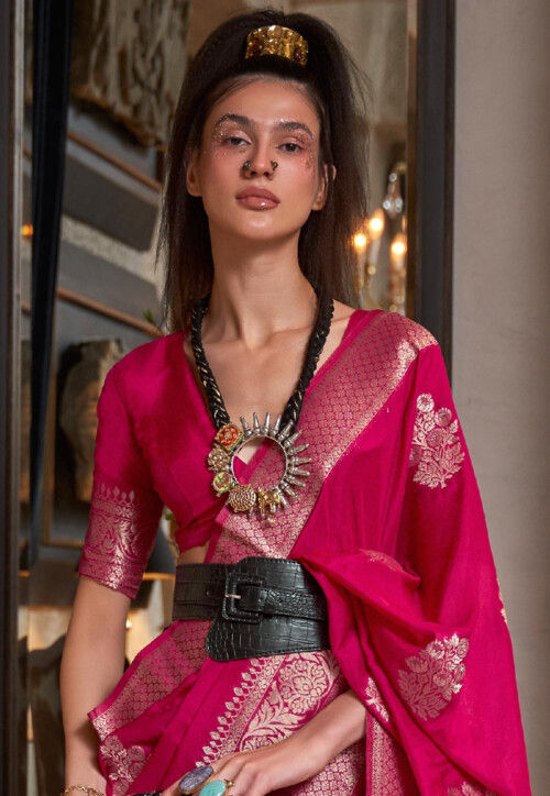 Rani Pink Woven Pure Soft Georgette Silk Saree 
