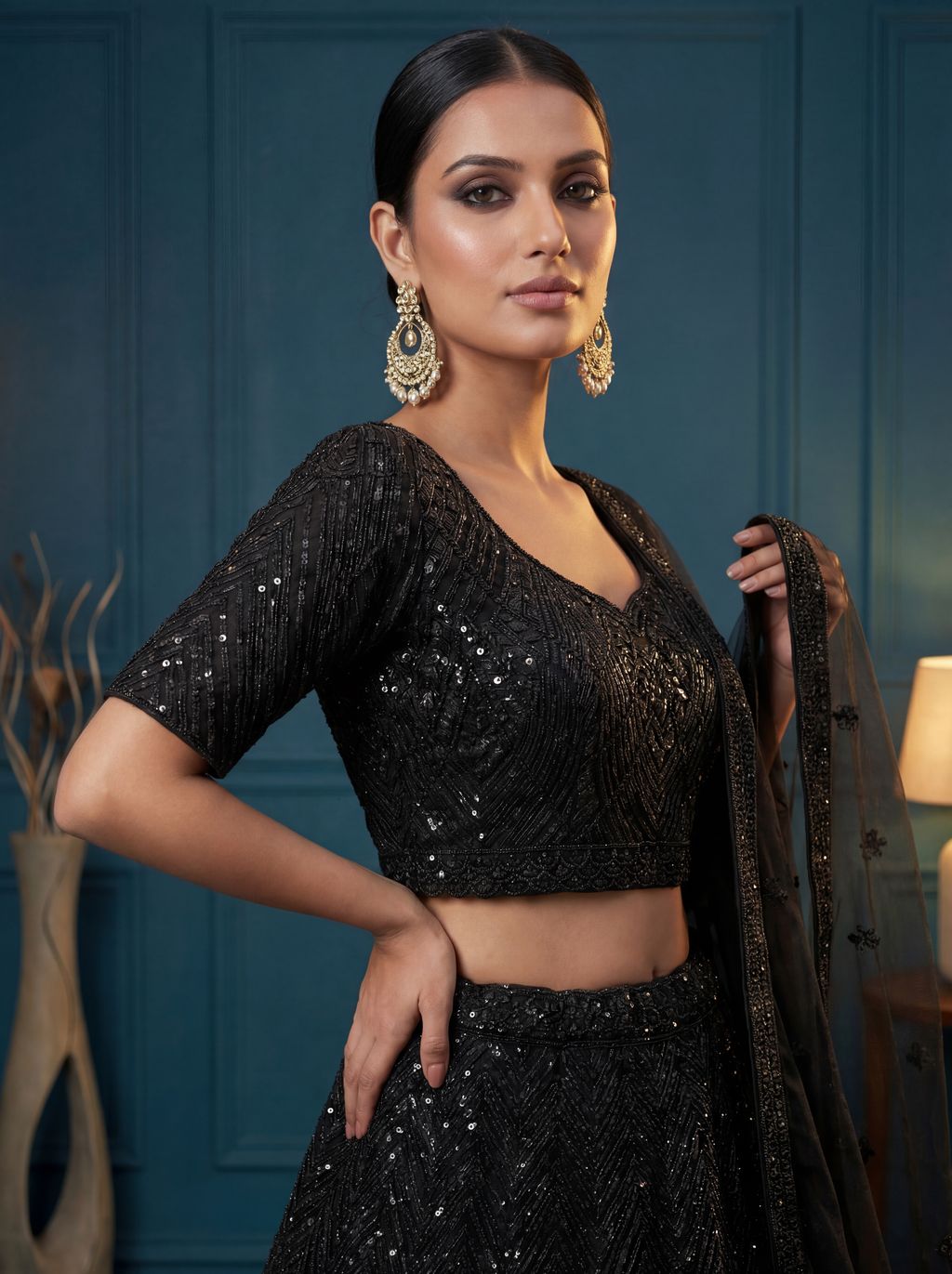 Black Pure Soft Net Heavy Embroidery Work Bridal Lehenga 