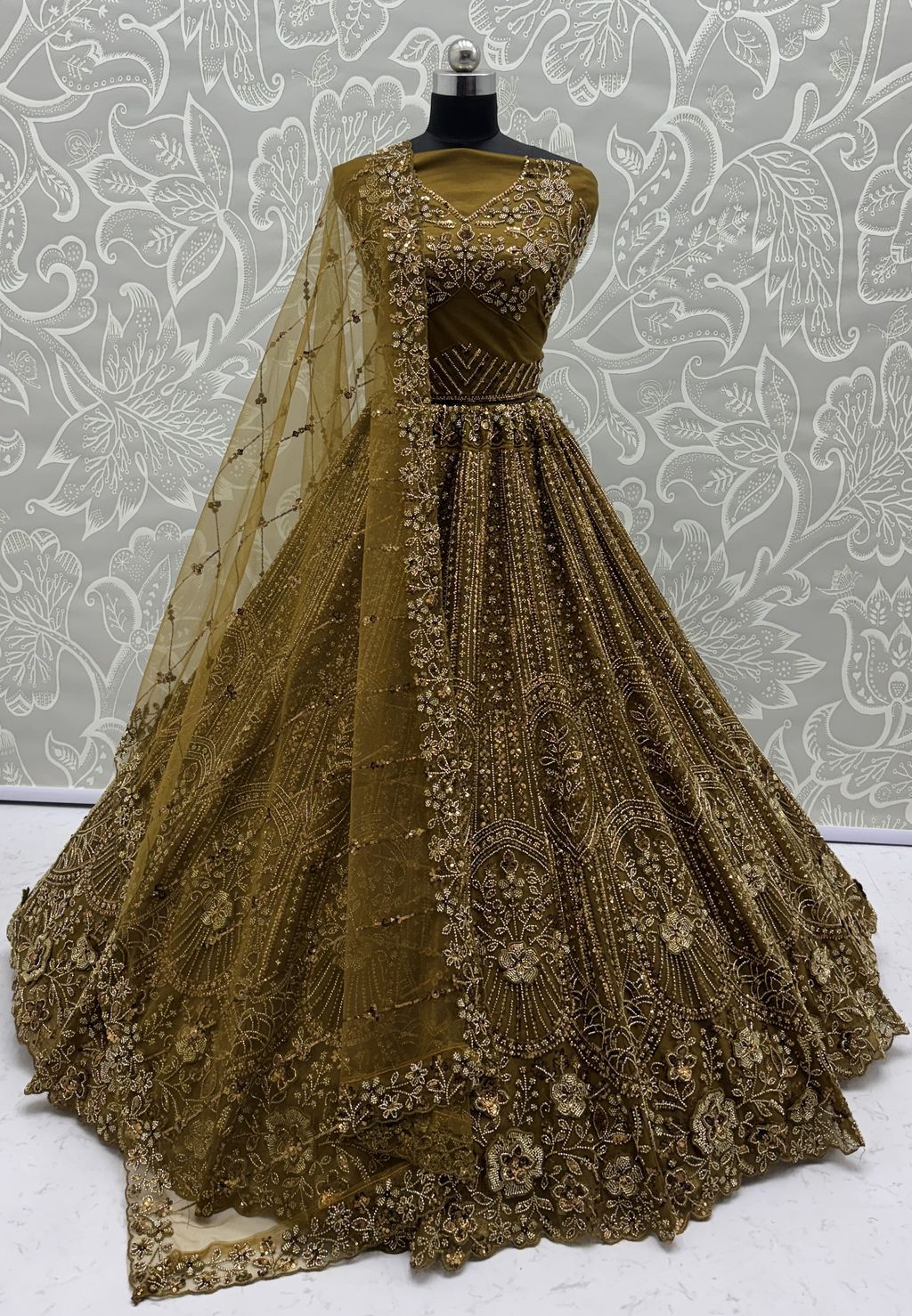 Golden Pure Soft Net Heavy Embroidery Work Bridal Lehenga