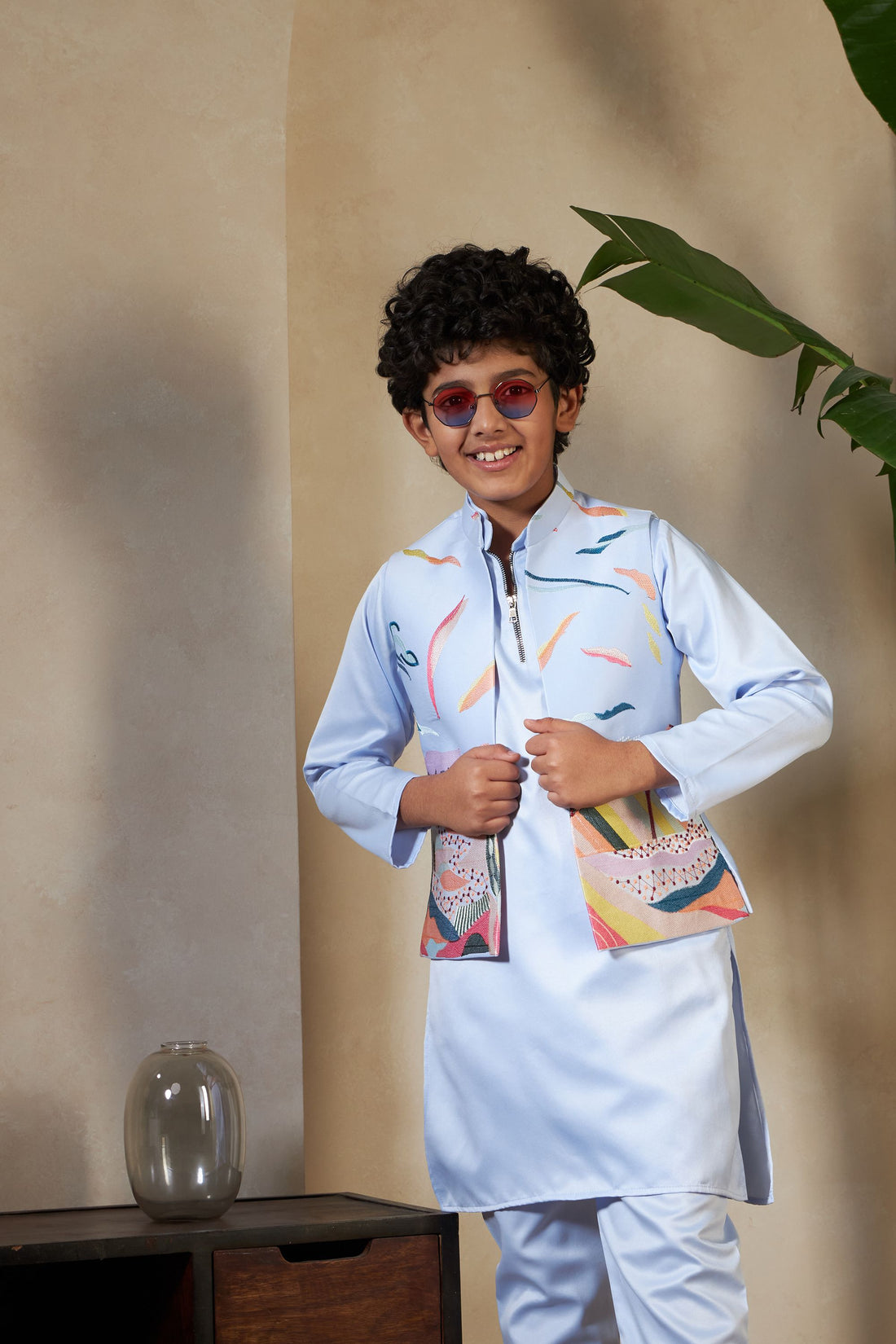 Sky Pure Satin Silk Kids Boy Kurta Pajama With Koti Jacket 