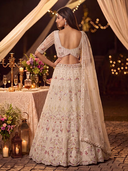 White Pure Heavy Net Motif Handwork Zari Sequins Work Bridal Lehenga Choli