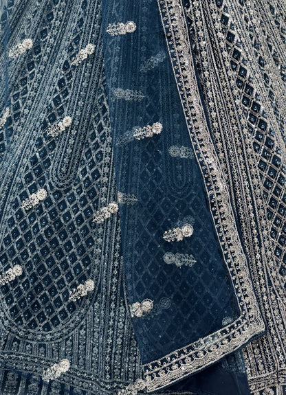 Rama Blue Pure Soft Net Heavy Embroidery Work Bridal Lehenga