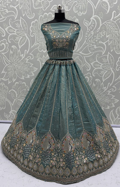 Grey Pure Soft Gadhwal Silk Heavy Embroidery Work Bridal Lehenga