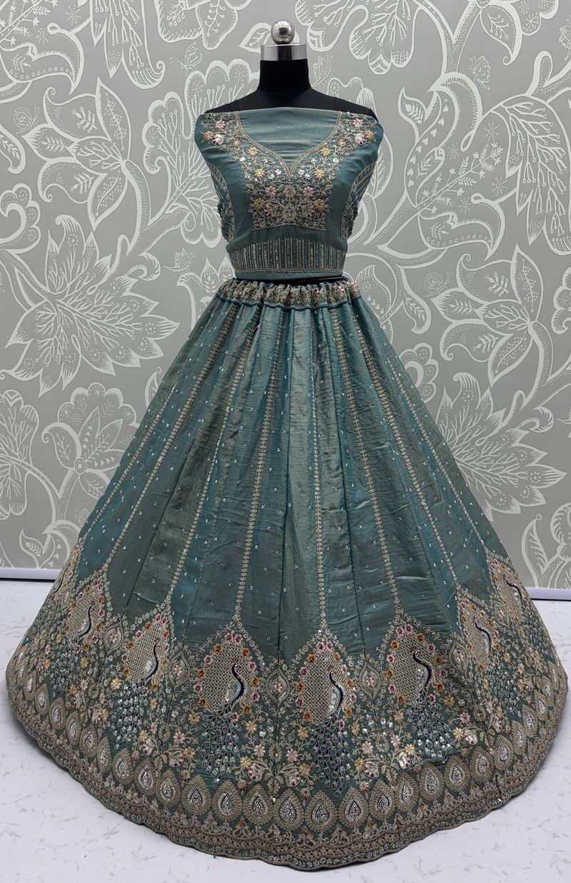 Grey Pure Soft Gadhwal Silk Heavy Embroidery Work Bridal Lehenga