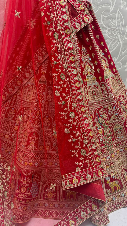 Red Pure Soft Silk Heavy Embroidery Work Bridal Lehenga 