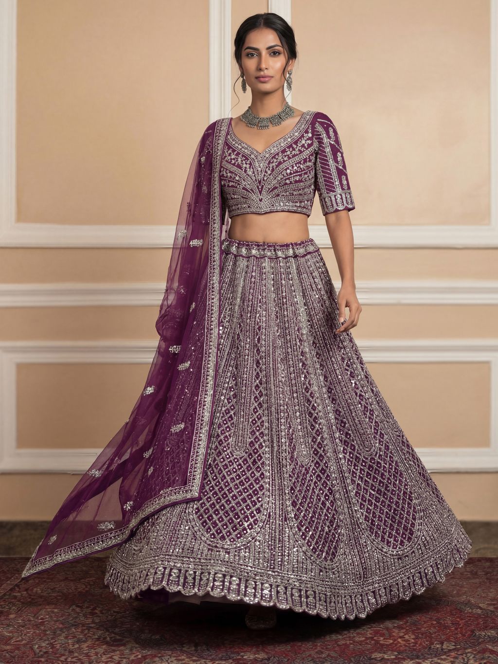 Purple Pure Soft Net Heavy Embroidery Work Bridal Lehenga