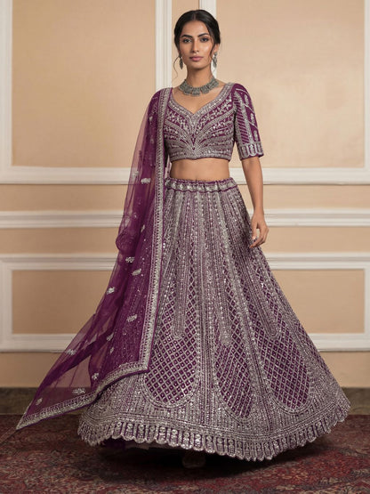 Purple Pure Soft Net Heavy Embroidery Work Bridal Lehenga