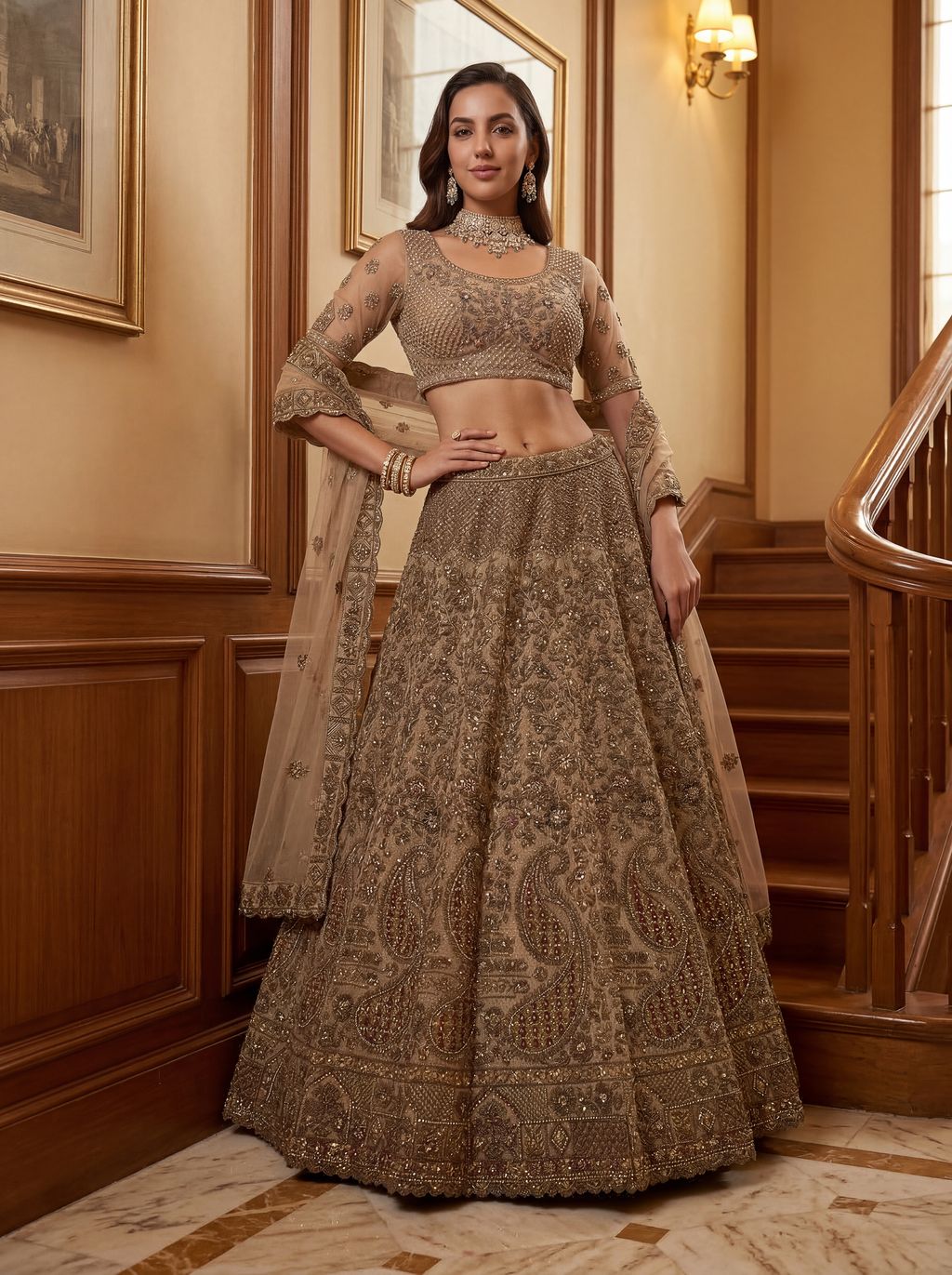 Beige Pure Soft Heavy Net Sequins Embroidery Work Bridal Lehenga 