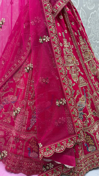 Rani Pink Pure Gadhwal Silk Khatali Handwork Sequins &amp; Crystal Bridal Lehenga Choli