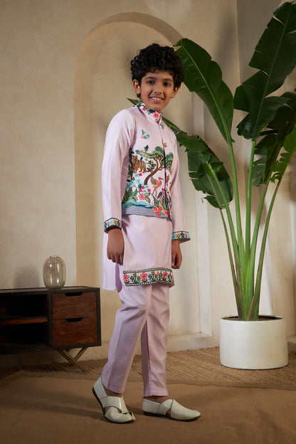Lavender Pure Viscose Silk Silk Kids Boy Kurta Pajama With Koti Jacket 