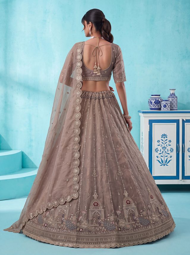 Light Brown Pure Chandnia Silk Handwork Motif Peacock Pattern Crystal Beads Multi Thread Dori &amp; Sequins Work Bridal Lehenga Choli
