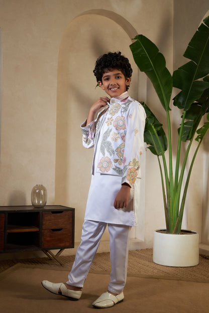 White Pure Satin Silk Kids Boy Kurta Pajama With Koti Jacket 