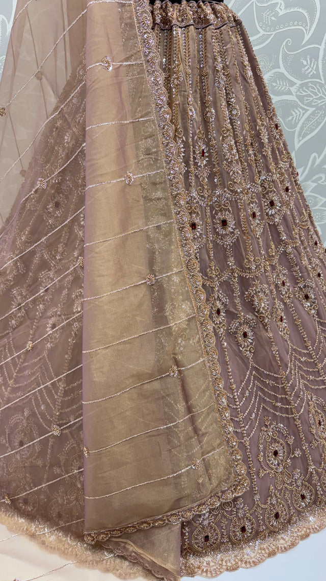 Beige Coppe Pure  Fendi Tussaud Silk Crystal Beads work Multi Thread Dori and Sequins Work Sequins Work Bridal Lehenga Choli