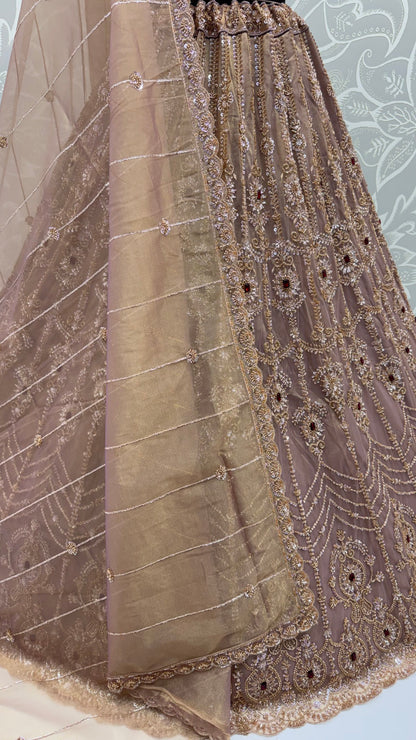 Beige Coppe Pure  Fendi Tussaud Silk Crystal Beads work Multi Thread Dori and Sequins Work Sequins Work Bridal Lehenga Choli