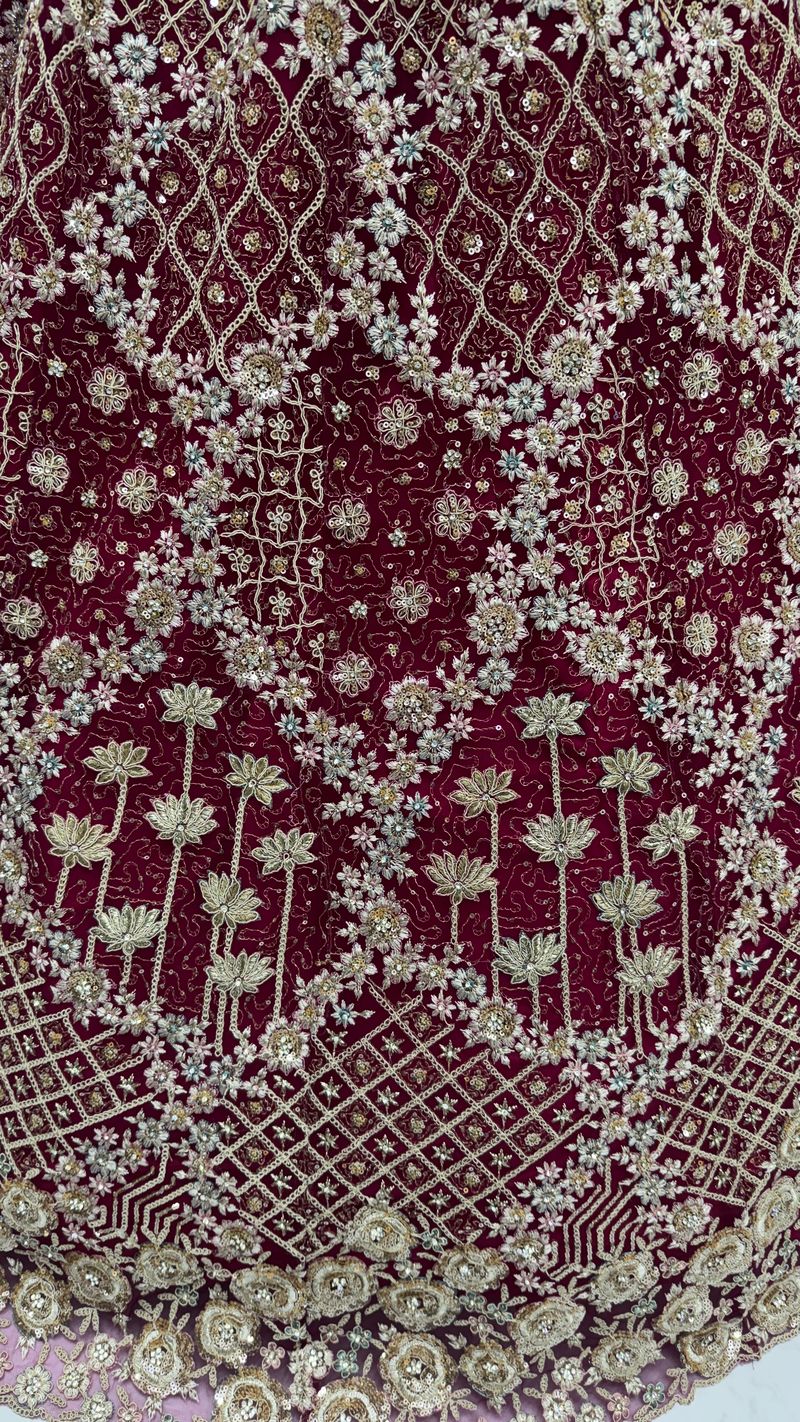 Raspberry Pure Soft Net Heavy Embroidery Work Bridal Lehenga